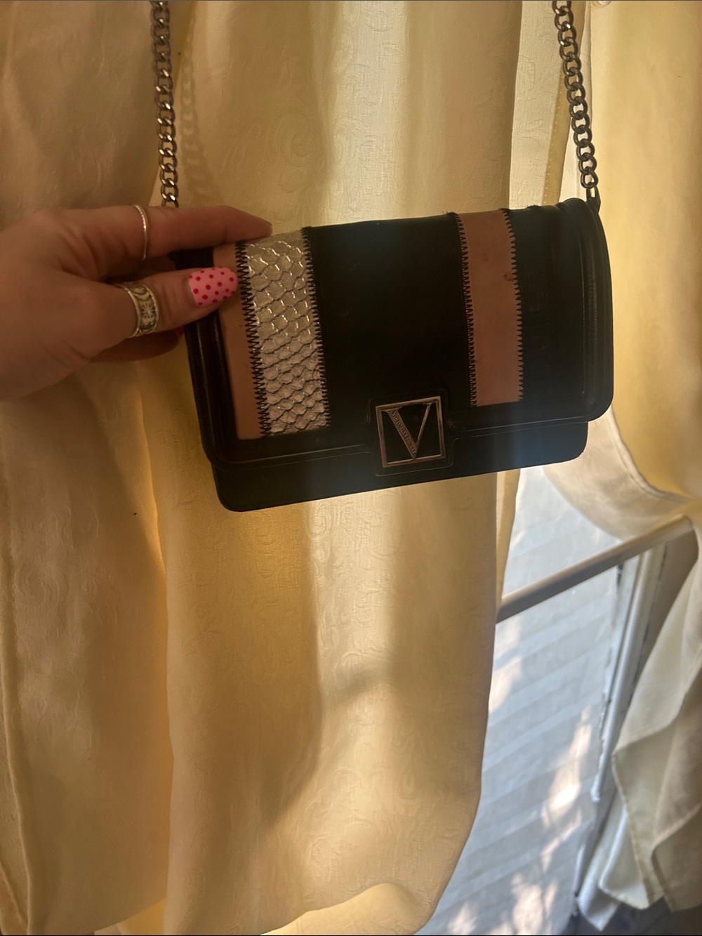 Victoria's Secret Black Crossbody with Tan Accents & Silver Panel